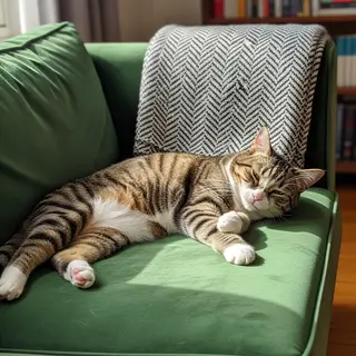 A cat lying on a couch without a collar