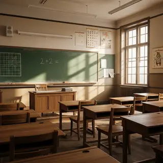 A classroom with desks and a chalkboard but no students