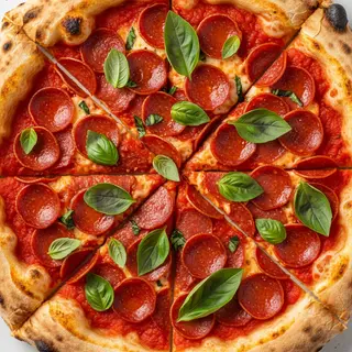 A pepperoni pizza with tomato sauce, basil, and crust but ab