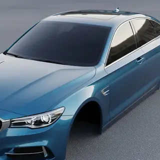 A car body with windows, doors, and headlights but no wheels