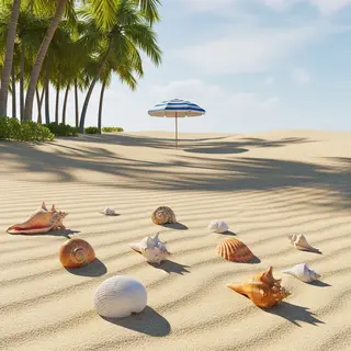 A sandy beach with palm trees, seashells, and a beach umbrel