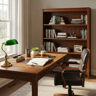 An office workspace with a desk, chair, bookshelf, and lamp 