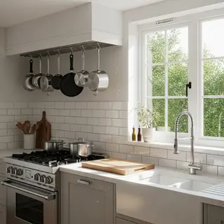 A kitchen with pots, pans, a stove, and a cutting board but 