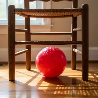 A red ball underneath a wooden chair
