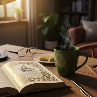 A coffee mug next to an open book on a desk