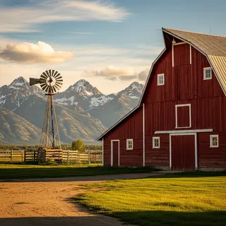 A landscape with a red barn in the foreground at large scale