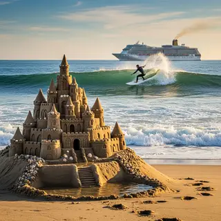 A beach scene with a sandcastle in the foreground, a surfer 