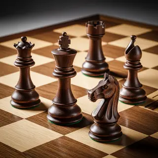 Five chess pieces on a board: a king in the center, a queen 