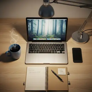 A desk scene: laptop in the center, coffee mug to the left, 