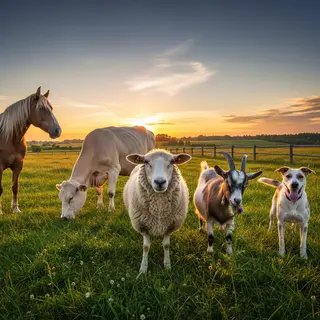 Five animals in a field: a horse on the far left, a cow to t