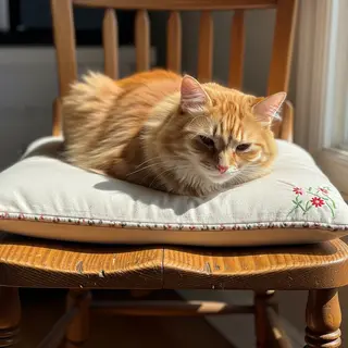 A cat sitting on a pillow, the pillow placed on a wooden cha