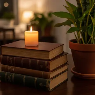 A candle on top of a stack of books, the books next to a pot