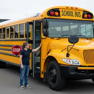 A person standing next to a yellow school bus, showing reali