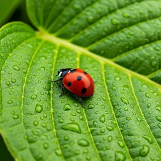 A ladybug sitting on a large green leaf, shown at realistic 