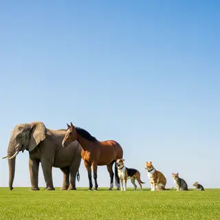 A group photo of an elephant, a horse, a dog, a cat, and a m