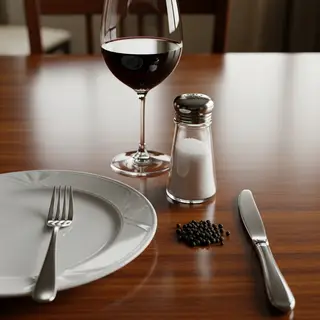 A dinner table scene with a plate, fork, knife, wine glass, 