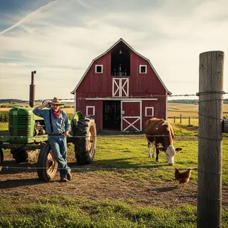 A farm scene with a barn, tractor, farmer, cow, chicken, and