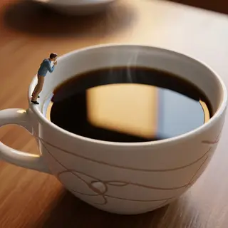 A tiny person standing on the rim of a coffee cup, looking d