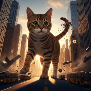 A giant tabby cat walking between city skyscrapers like a ka