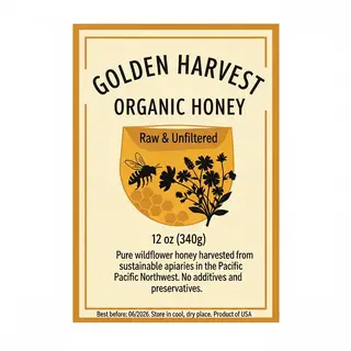 A product label for 'GOLDEN HARVEST ORGANIC HONEY' with subt