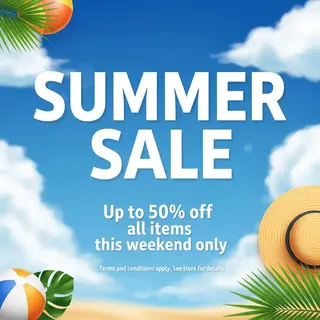 A poster with headline 'SUMMER SALE' in large bold text, bod