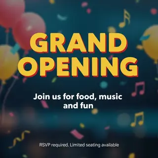A flyer with large title 'GRAND OPENING', subtitle 'Join us 