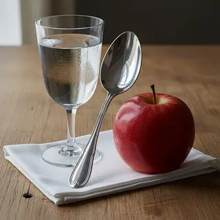 A still life on a wooden table featuring a clear glass of wa