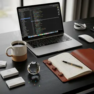 A workspace desk with a brushed aluminum laptop, a leather-b