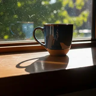 A coffee mug on a sunny windowsill casting a sharp shadow to