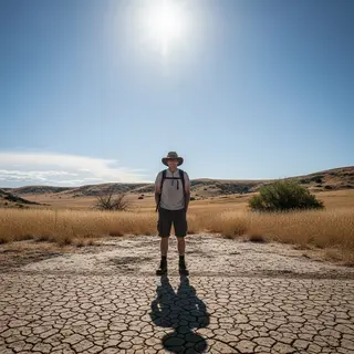 A person standing outdoors at midday with a short shadow dir
