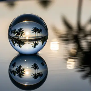 A clear glass sphere sitting on a mirror surface near a pool