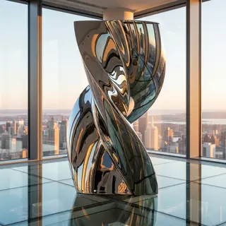 A chrome sculpture in a room with a glass floor and large wi