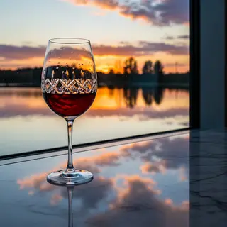 A crystal wine glass on a polished marble counter next to a 
