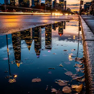 A city skyline reflected in a rain puddle on a street, with 
