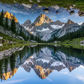 A mountain range reflected in a still alpine lake, with the 