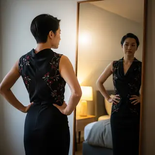 A woman standing in front of a full-length mirror, her refle