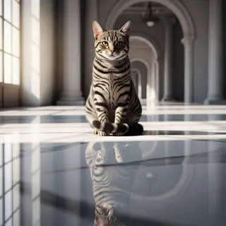 A cat sitting on a polished marble floor with its reflection