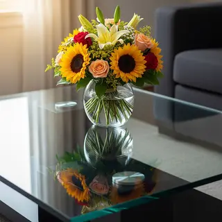 A vase of flowers on a glass table with a clear reflection v