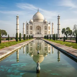 The Taj Mahal in Agra seen from the reflecting pool, with ac