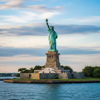 The Statue of Liberty on her island pedestal, with correct t