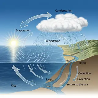 A detailed diagram of the water cycle showing evaporation fr