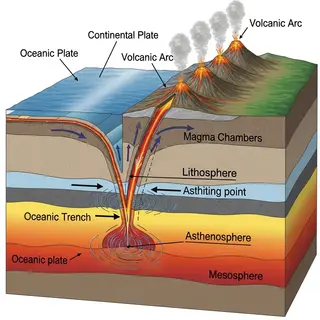 A cross-section showing tectonic plates at a convergent boun
