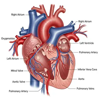 An anatomical illustration of the human heart showing four c