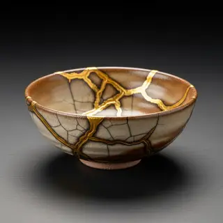 A Japanese kintsugi bowl — cracked ceramic repaired with vis