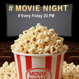A movie night poster with a large popcorn image in the cente