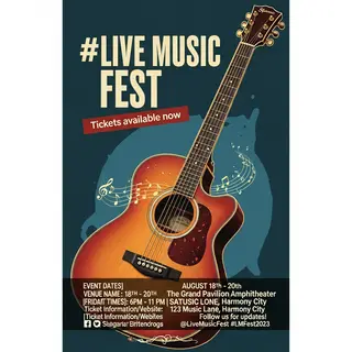An event poster featuring a guitar illustration, the headlin