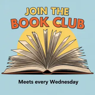 A book club poster with an open book illustration, the title