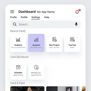 A mobile app UI mockup showing a dashboard with a top naviga
