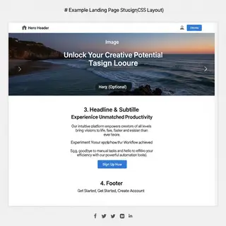 A landing page design with a hero header image at the top, a