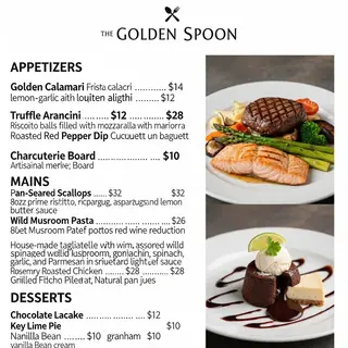 A restaurant menu layout with a logo header, three category 